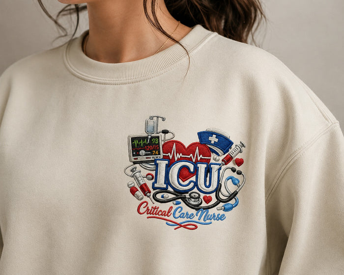 ICU Critical Care Nurse crewneck worn, embroidered chest crest