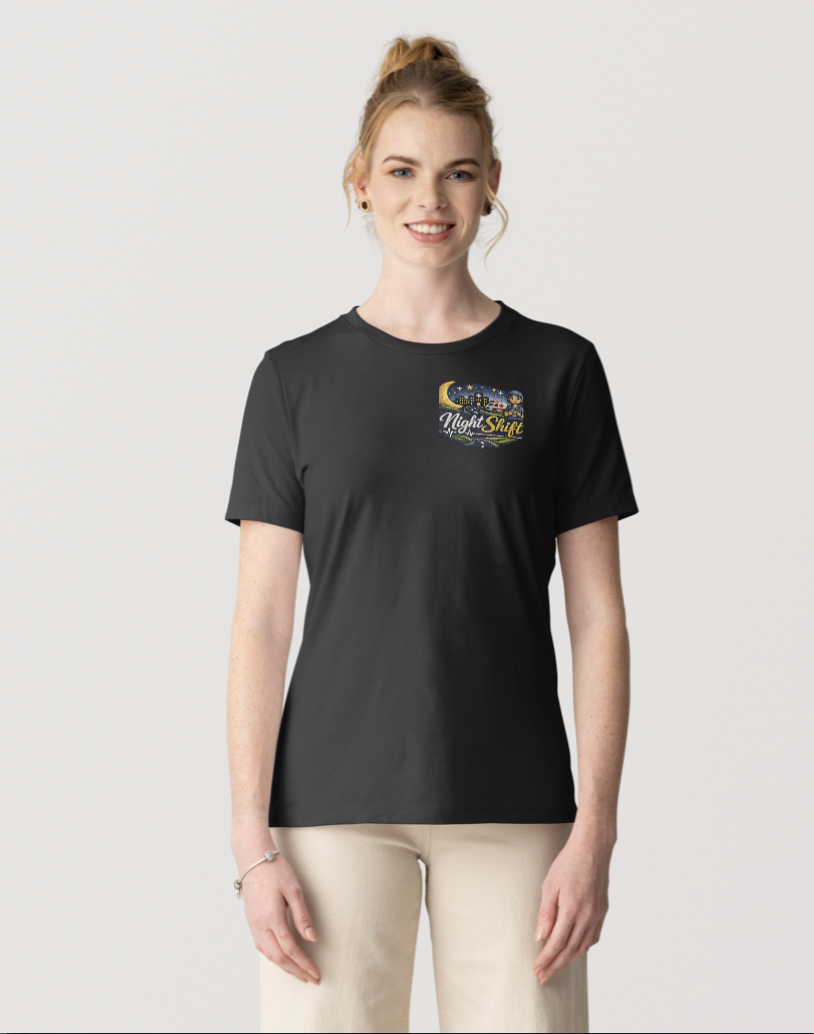 Night Shift Tee on model, close up